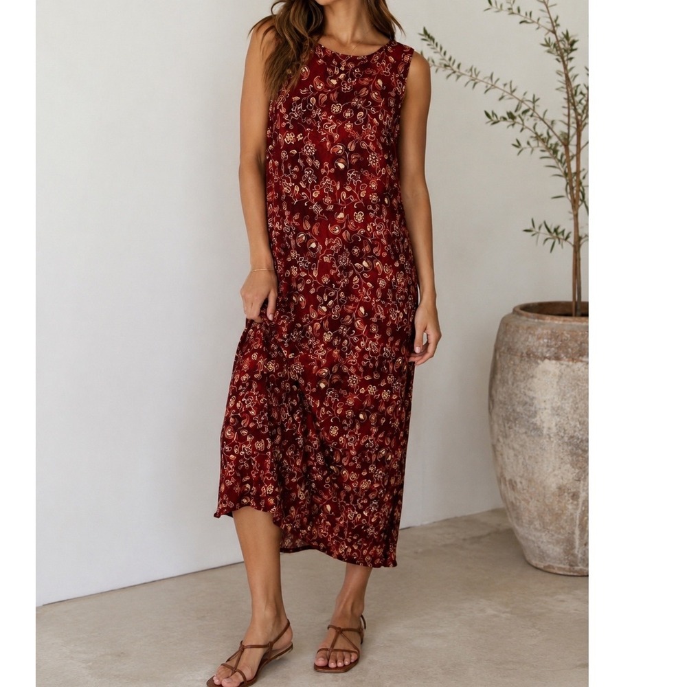 White Stag Burgundy‎ Floral Paisley Crinkle Rayon Maxi Dress Womens M 8/10 vtg